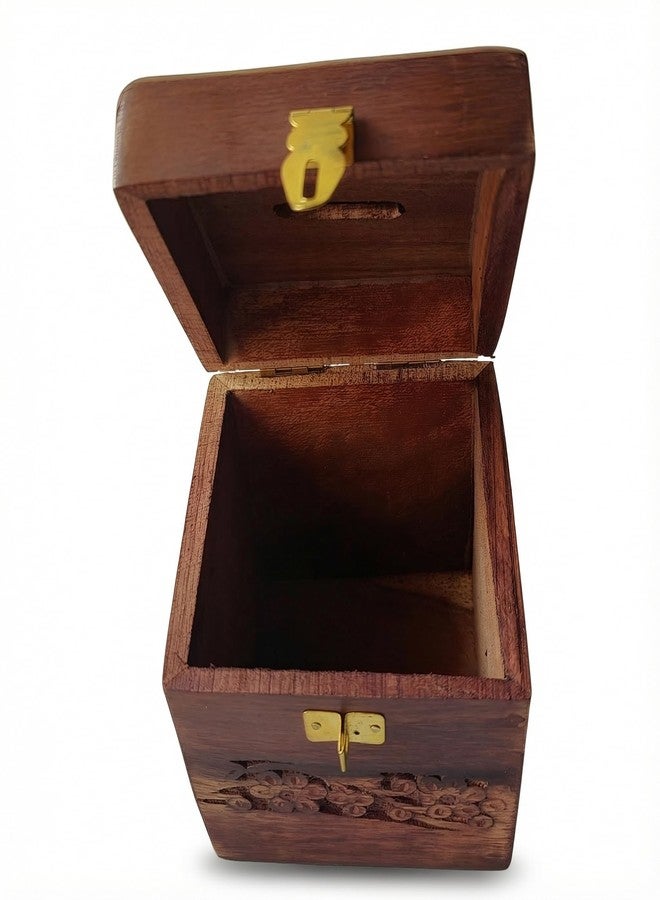 GURU JEE™ Indian Hand-Carved Wooden Coin Box Money Bank Piggy Bank Floral Design Carving Keepsake Savings Bank Wooden Gifts for Kids and Adults - Image 2